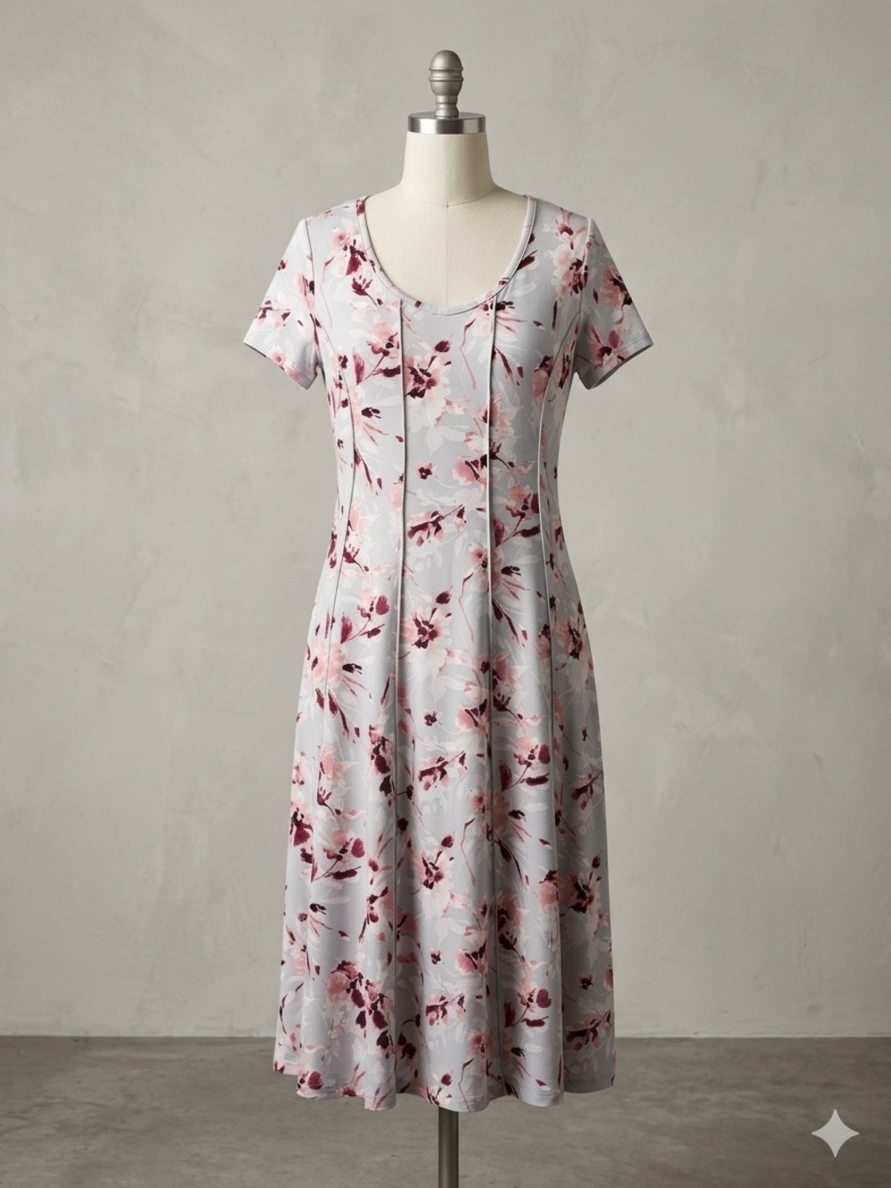 Sami & Jo Panel Midi Dress Gray with Rose Print Woman's Size XS